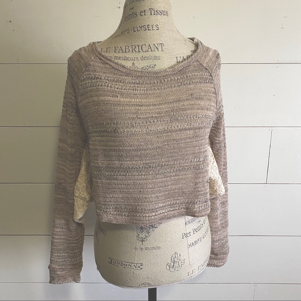 brown loose knit long-sleeve crop top